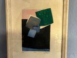 framed picture of a painting of a green square and a blue square