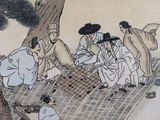 a painting of a group of people playing a game of checkers