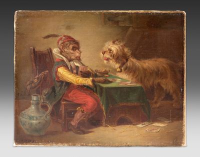 an old painting of a man and a dog sitting at a table