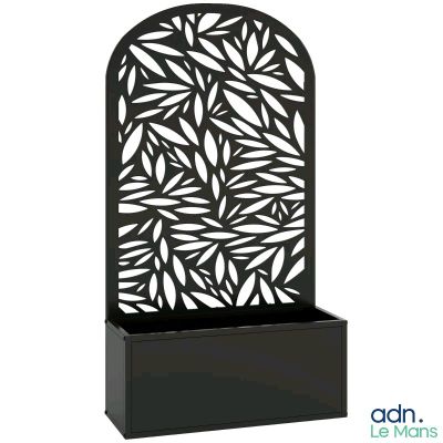 a black metal planter with a leaf design on it