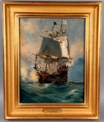 une peinture à l'huile représentant un bateau en mer, arborant un drapeau