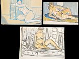 three drawings of a woman sitting on a bed and a man sitting on a chair