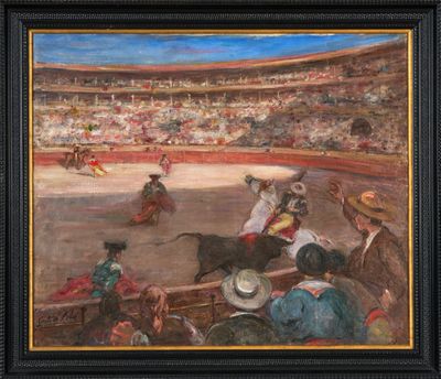 une peinture à l'huile représentant une scène de corrida avec un taureau au milieu de l'arène