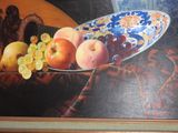 a painting of a bowl of fruit on a table