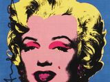 a painting of a woman ' s face with pink lipstick on a blue background