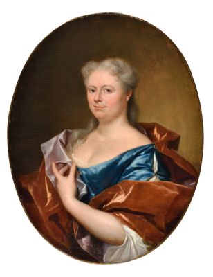 an oval portrait of a woman in a blue dress holding a piece of paper