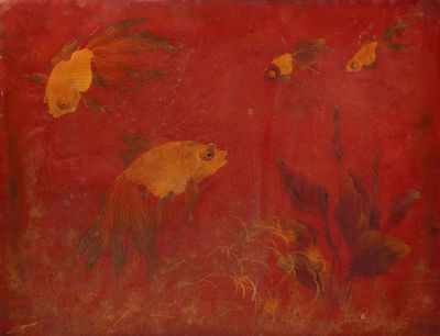 an image of a painting of goldfishs on a red background
