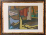 tableau à l'huile encadré représentant un bateau et une banane dans une pièce