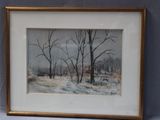 tableau représentant un paysage hivernal avec des arbres et de la neige, dans un cadre doré