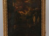 an old painting on a easel with a painting of a man and a woman