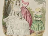an old book with a picture of a woman and two women in dresses