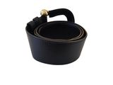 black leather belt with a gold buckle on a white background