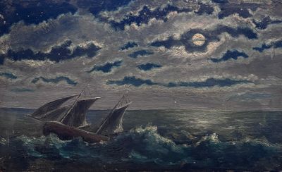 une image représentant un tableau où l'on voit un bateau en mer, la nuit