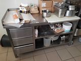 un plan de travail de cuisine sur lequel sont posés des casseroles et des poêles