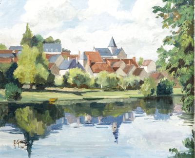 a painting of a river with houses in the background
