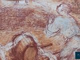 a drawing of a man sitting on a bench next to a horse
