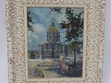 tableau représentant une femme en robe rose devant une église