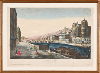 peinture d'une vue d'une ville avec un pont sur une rivière