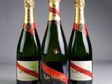 three bottles of champagne sitting next to each other on a table