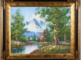 an oil painting of a mountain scene with a river in the foreground