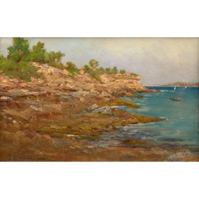 une image d'une peinture représentant une scène de plage avec un bateau dans l'eau