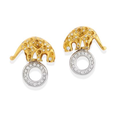 an image of a pair of gold and diamond elephant earrings
