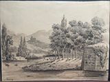 drawing of a landscape with a river and a castle in the distance