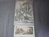deux gravures anciennes représentant un tableau où l'on voit un homme et une femme assis sur un banc