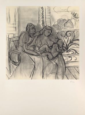 une image représentant un dessin d'une famille assise sur un canapé