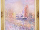 a painting of a boat in the water with a yellow frame