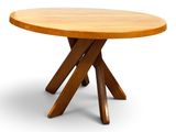a close up of a wooden table with three crossed legs