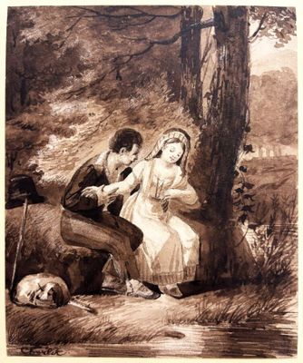 tableau représentant un homme et une femme assis sous un arbre en compagnie d'un chien
