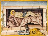 an image of a painting of a man laying on a bed next to a lamp