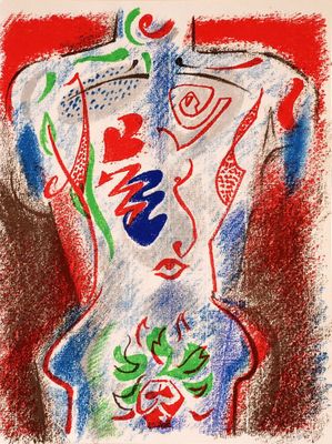 a drawing of a woman ' s torso with flowers on it