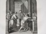 an engraving of a painting of a man being taken from a building