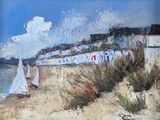 a painting of sailboats on the beach by the water