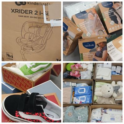 several pictures of baby products in boxes and a baby in a car seat