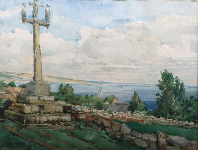un tableau représentant une croix sur une colline avec vue sur l'océan