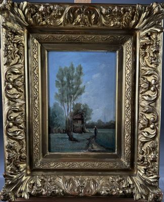 an oil painting of a farm scene in a gold frame