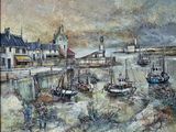 une peinture représentant une scène portuaire avec des bateaux dans l'eau