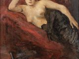 an image of a painting of a woman sitting on a red couch