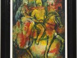 une peinture à l'huile représentant un homme à cheval, dans un cadre noir