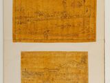 two framed maps of the city of boston and a view of the city from across the river