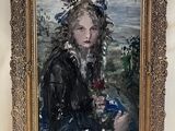 painting of a woman in a black dress holding a flower
