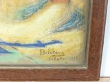 a picture of a painting of a woman on a beach
