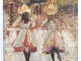 tableau représentant deux femmes marchant sous la pluie avec des parapluies