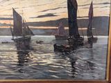 a painting of sailboats in the water at sunset