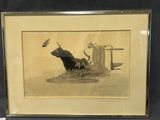 une vieille photo représentant un taureau et un oiseau, dans un cadre