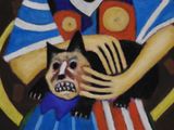 a painting of a woman holding a cat in her arms