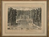 un dessin représentant une vue d'un parc avec une fontaine et des arbres